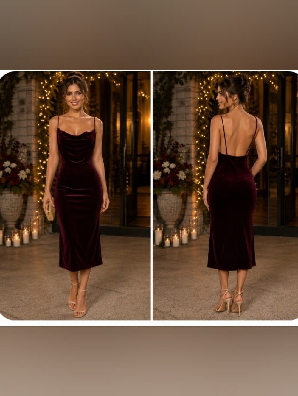 Guess Velvet Cowl Midi Dress in Deep Burgundy